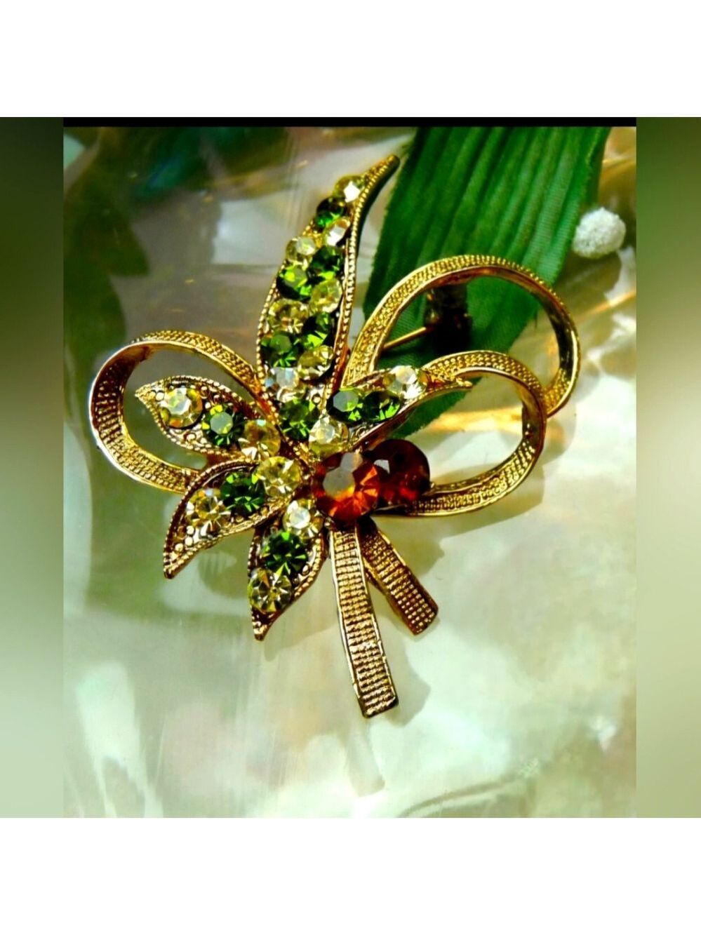 Vtg Amber Topaz Brooch Rhinestone Goldtone